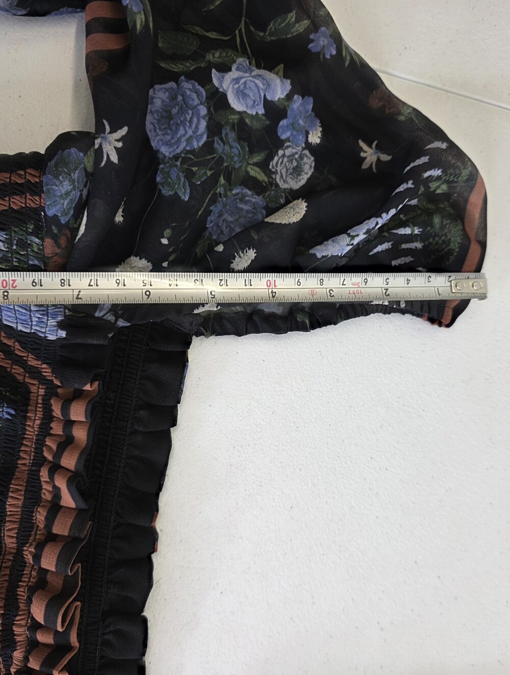 Wilfred Smocking upper Maxi Dress Blue Floral Print and Brown Stripe Accents - Picture 9 of 9